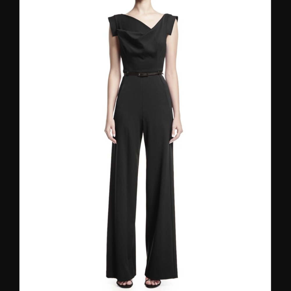 Black Halo Jackie Cap-Sleeve Belted Wide-Leg Jumpsuit / Color: Black / Size: 10